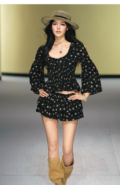 "Midnight Tea Garden" Black Floral Ruffle Blouse & Tiered Mini Skirt Set