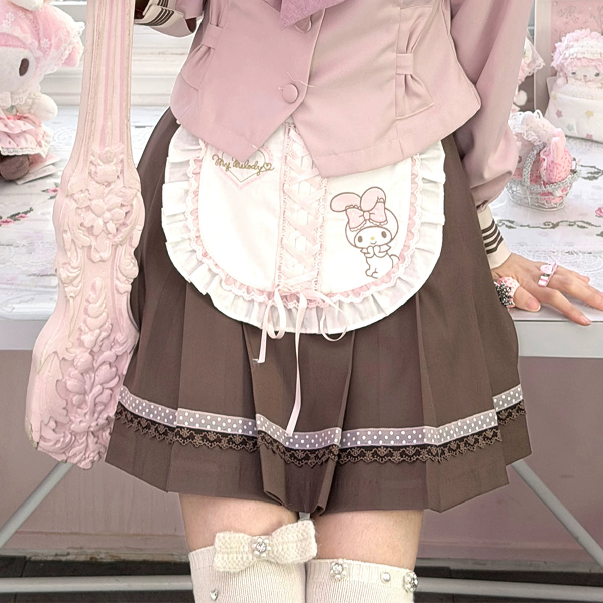 KYOUKO - My Melody Cream Argyle Off-Shoulder Sweater and Cocoa Maid Skirt Set