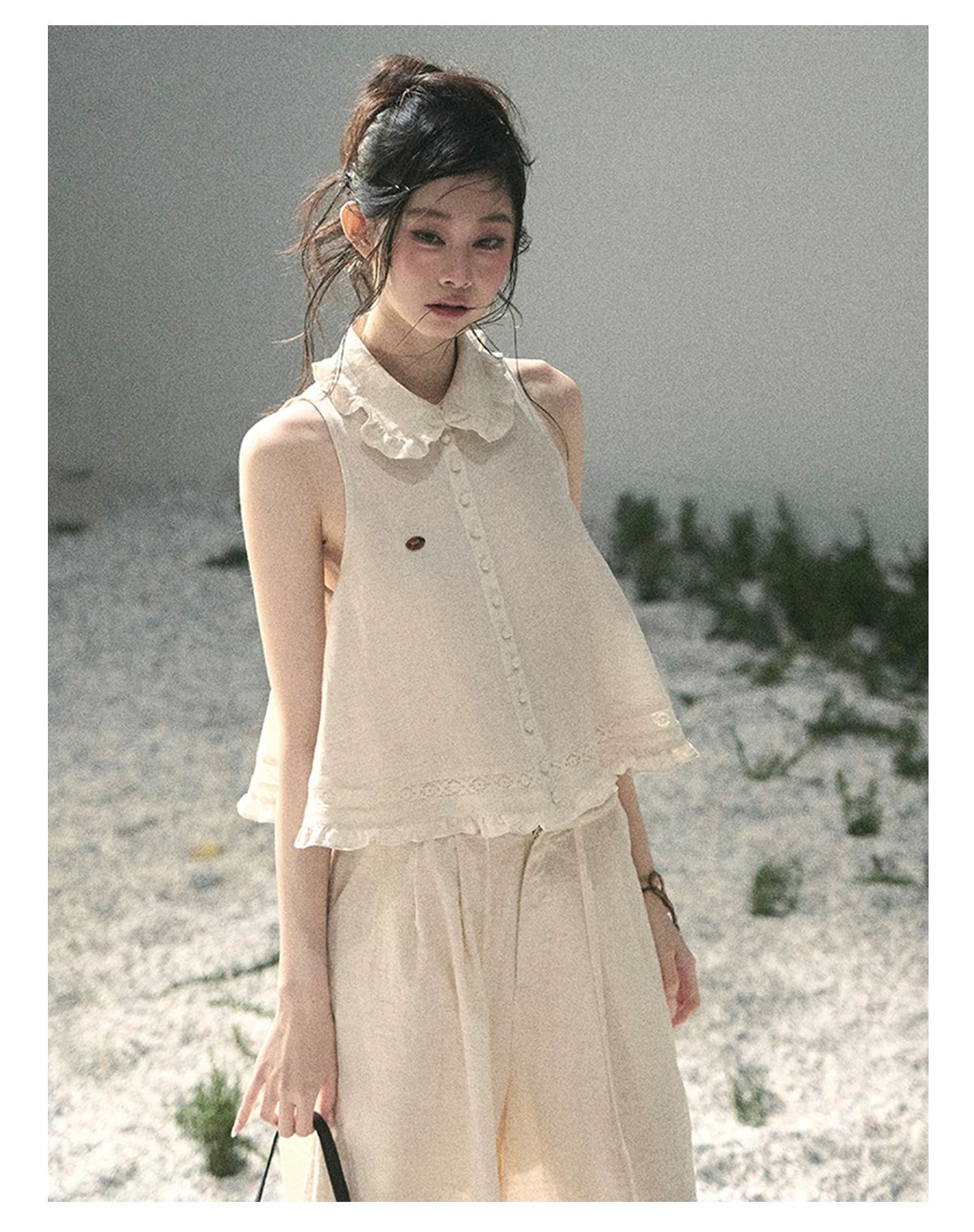 "Soft Cloud Reverie" Dutch Cream Lace Top & Bubble Skirt & Wide-Leg Pants Set 5468465