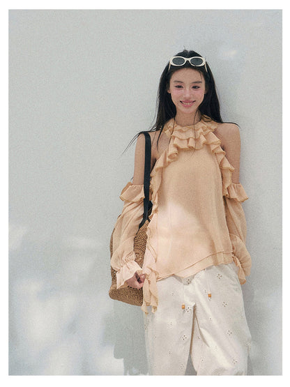 少也眼 “Heidi Heiress” Light Sand Sheer Ruffle Top 142