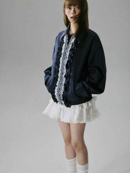 LOST FOREST - Navy Ruffle-Trim Cotton Jacket