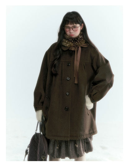 Horridale - Peter Pan Collar Pleated Mid-Length Wool-Blend Coat – Brown Coffee