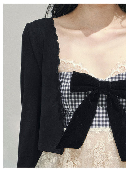 少也眼 “She Walked Through Bloom” Bow Lace Plaid Two-Piece Top Set 8543241