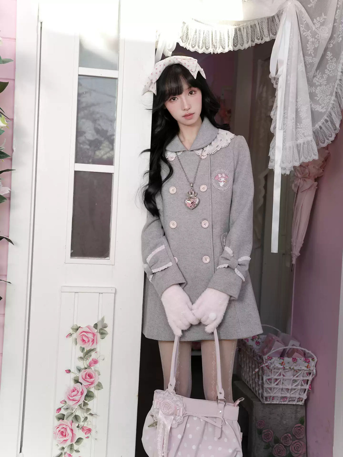 KYOUKO - My Melody Dusty Pink-Gray Double-Breasted Waist-Defined Wool-Look Coat