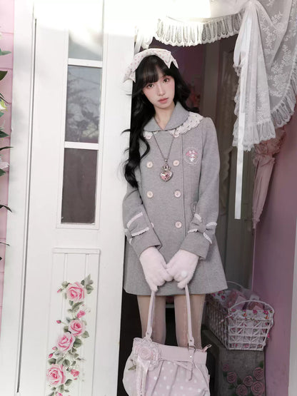 KYOUKO - My Melody Dusty Pink-Gray Double-Breasted Waist-Defined Wool-Look Coat