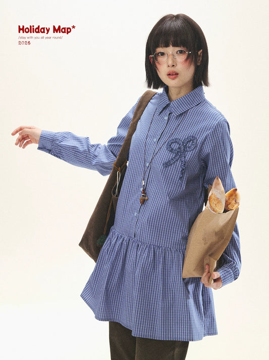 "Holiday Blues" Blue Plaid Bow Shirt Mini Dress