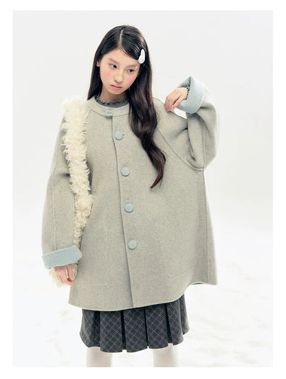 "Double Winter Embrace" Blue & Gray Reversible Wool-Blend Cape Coat