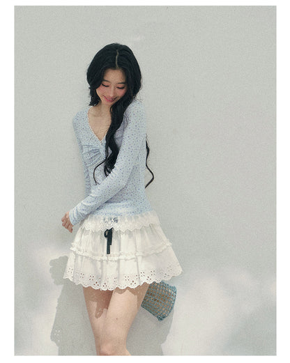 少也眼 "Heartbeat Pause" Baby Blue Back Lace Cut-Out Top 53685634