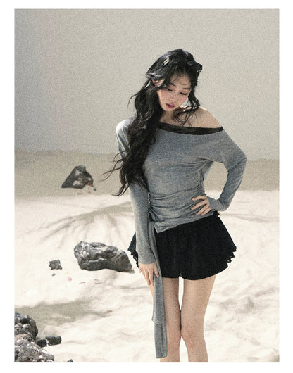 "Free Spirit" Moon Mist Gray Faux-Layer One-Shoulder Lace Top
