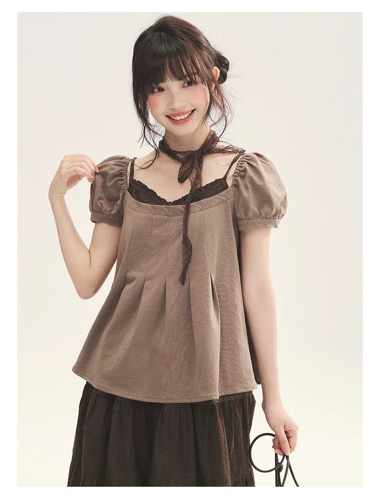 "Tea Brown Reverie" Tea Brown Off-Shoulder Puff Sleeve Knit Top