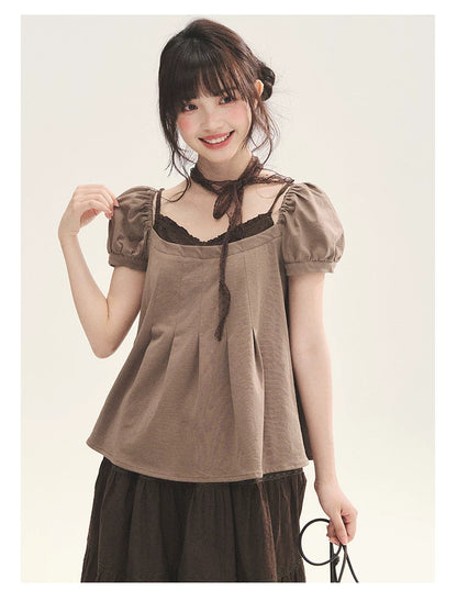 "Tea Brown Reverie" Tea Brown Off-Shoulder Puff Sleeve Knit Top
