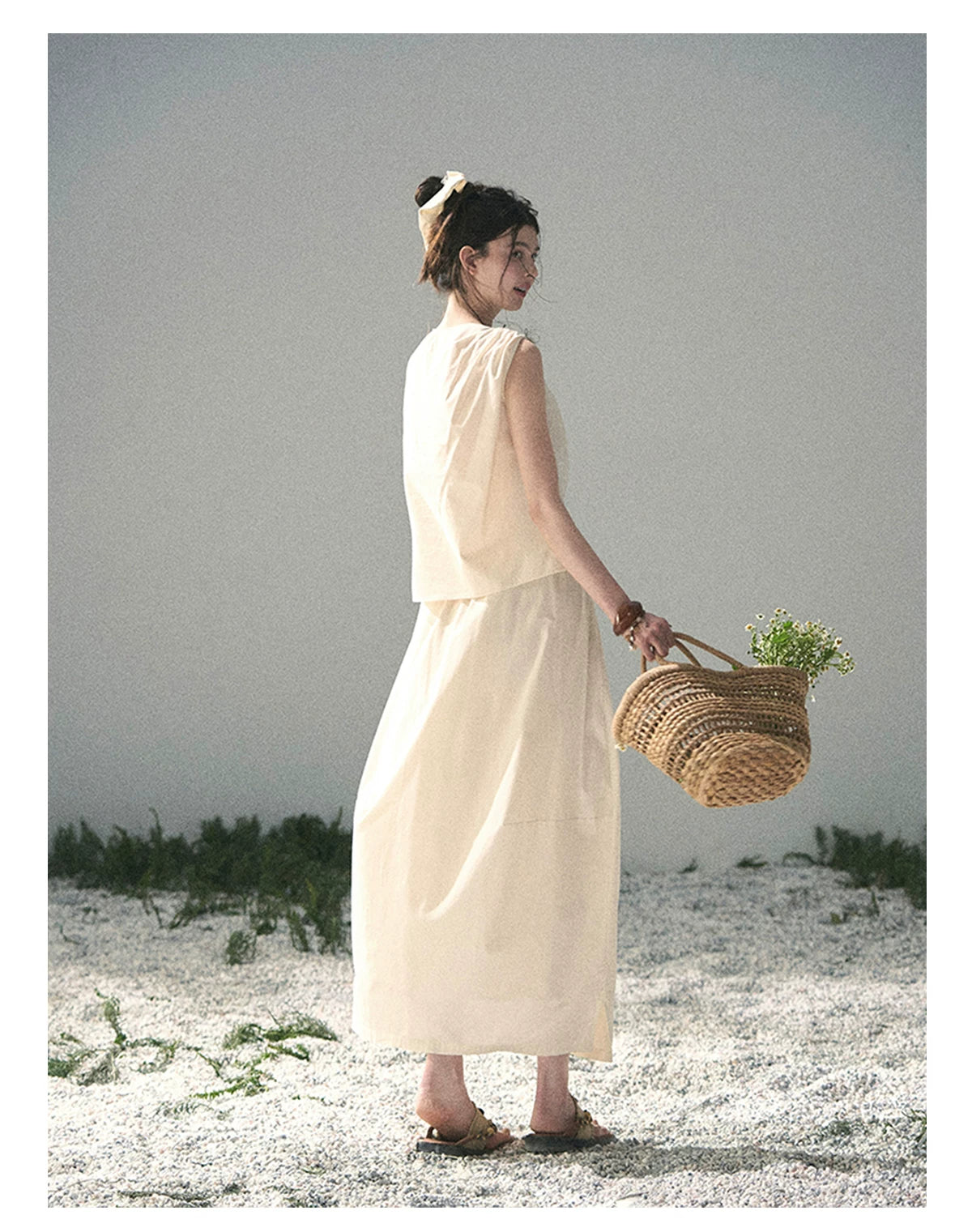 “Ivory Pleated Verse” Soft White Asymmetrical Twist Top & Skirt