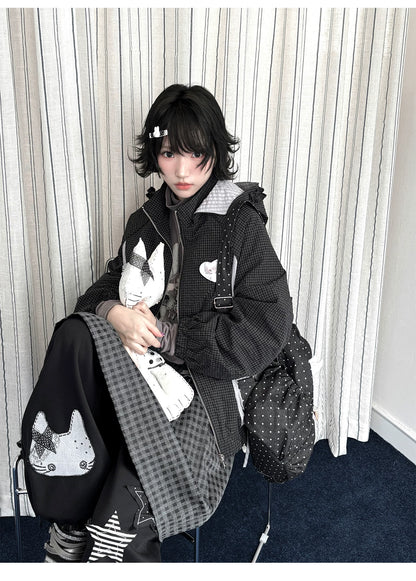 "Cold Air" Black Padded Jacket / Base Layer Top / Polka Dots Skirt / Sweatpants Set