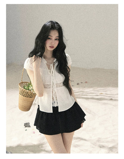 "Lace Between the Lines" Frost White Faux-Layer Cropped Shirt