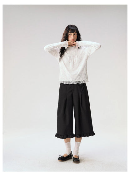 [CAN] "Double Dot Floral Raft" White Floral Lace-Trim Long Sleeve Top
