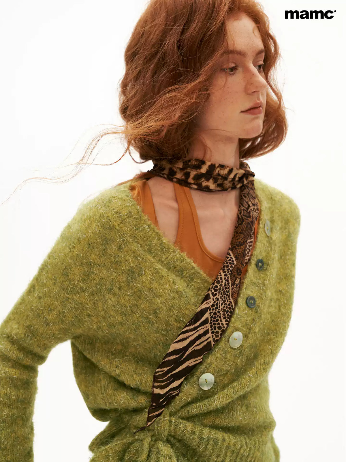 MAMC - Green Textured Cross-Tie Waist Knit Sweater