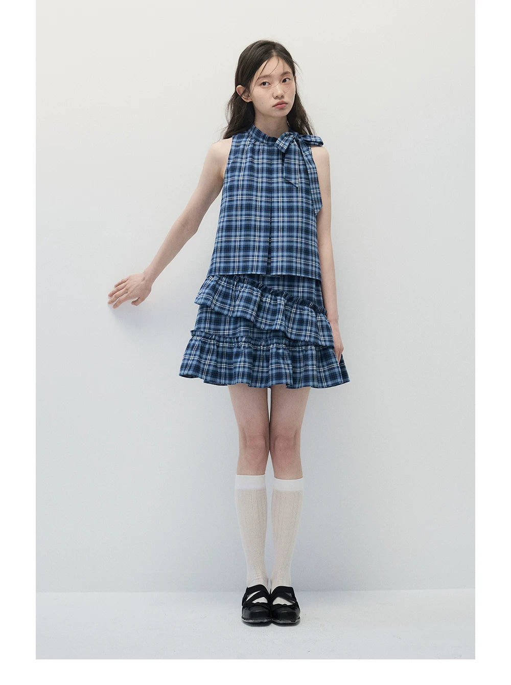 Blue Plaid Sleeveless Tiered Midi Dress with Ruffle Trim