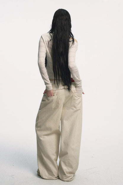 Muirgen - Ivory Silver-Thread Asymmetrical Off-Shoulder Fitted Top