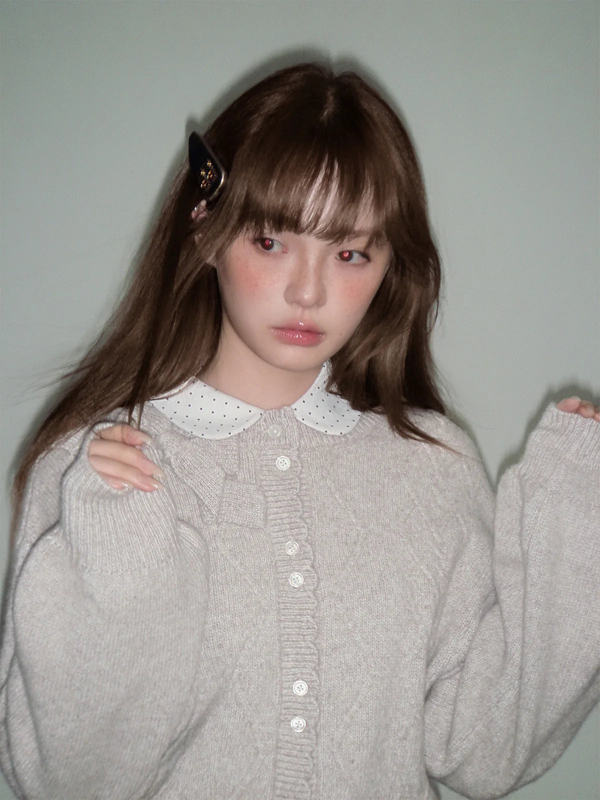 LOST FOREST - Flower Camel Wool Blend Bow Cardigan