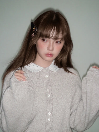 LOST FOREST - Flower Camel Wool Blend Bow Cardigan