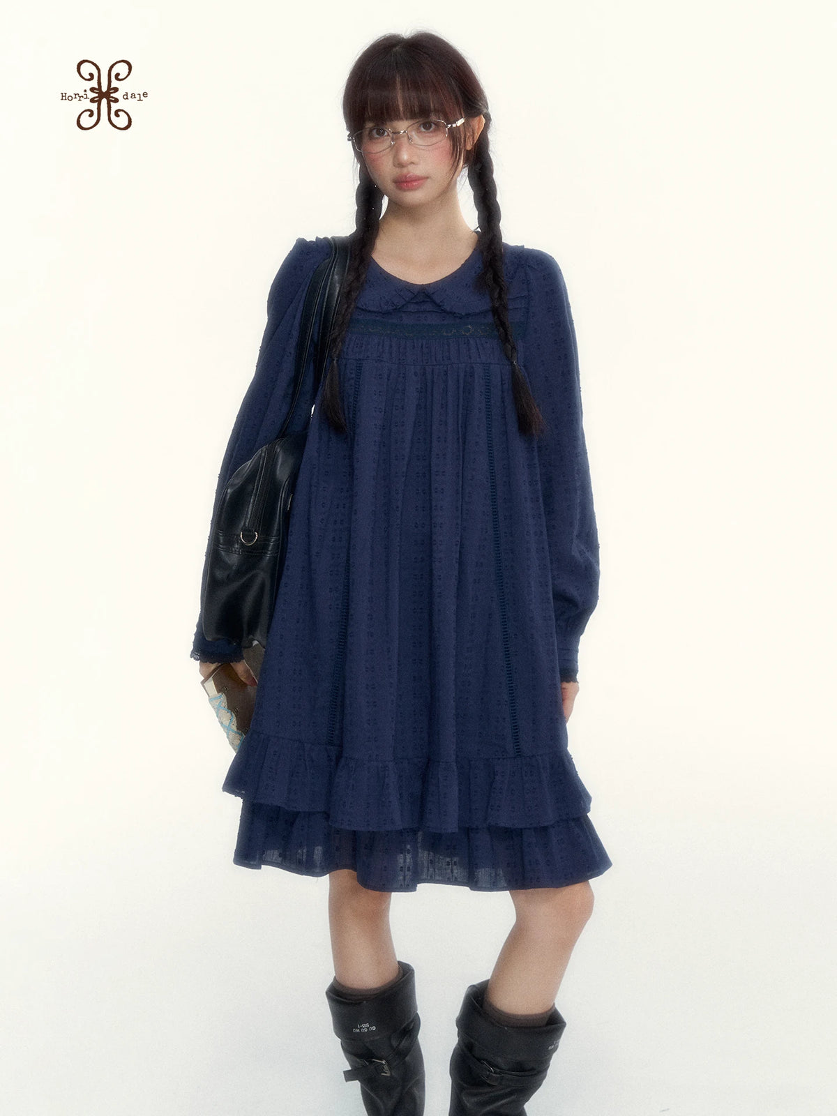 “Vintage Ribbon” Navy Peter Pan Collar Lace-Trimmed A-Line Dress