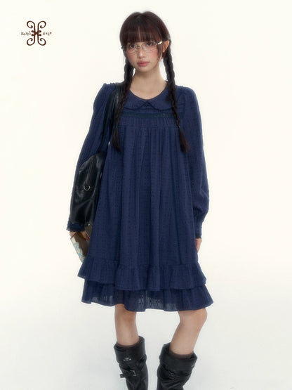 “Vintage Ribbon” Navy Peter Pan Collar Lace-Trimmed A-Line Dress