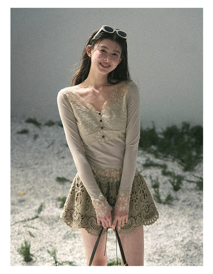 “Lost in Your Embrace” Roasted Pecan Lace Puff Skort