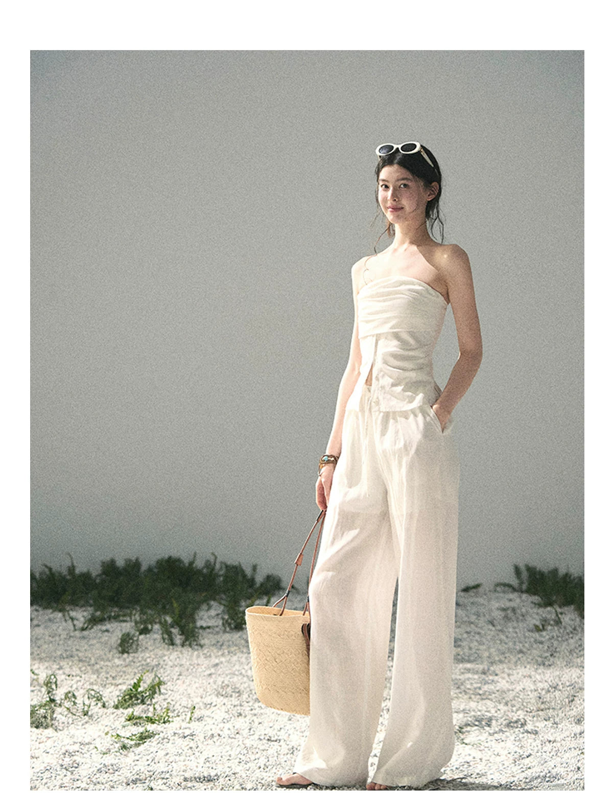 “Breath Across the Shoulders” Natural Beige Layered Bustier Top & Wide-Leg Trousers