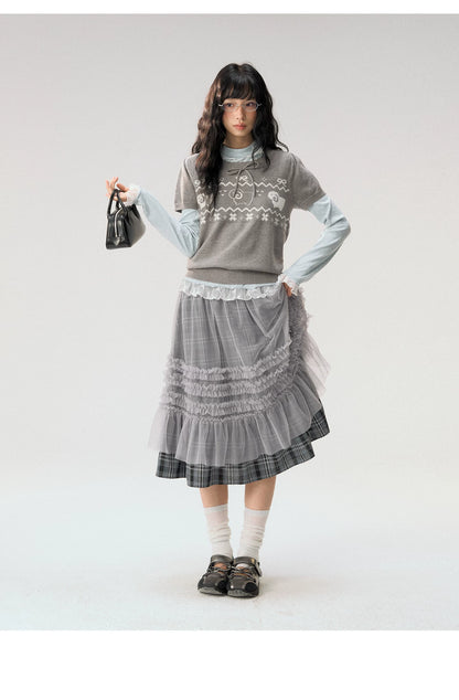 [CAN] "Little Lamb Adventure" Gray Jacquard Bow-Detail Short Sleeve Knit Top