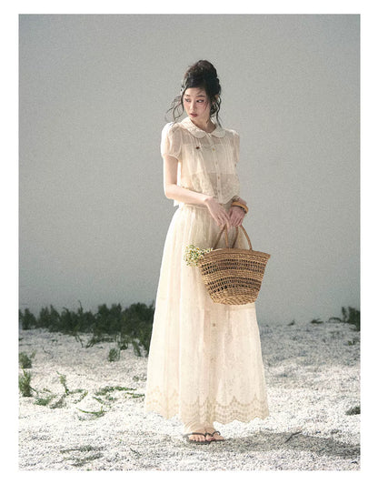 "Apricot Blossom After Rain" Dutch Cheese Lace Blouse & Maxi Skirt Set 532453