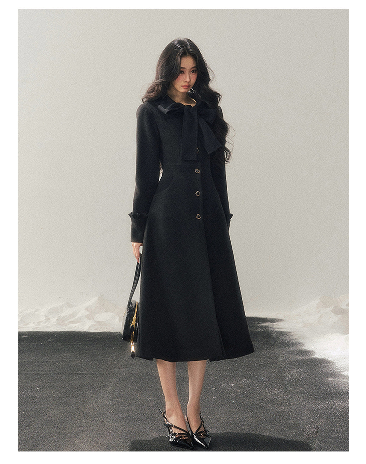 少也眼 "Snowfall Night" Wool-Blend Padded Coat – Rock Black Bow Edition