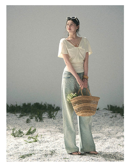 “White Between Breaths” Ivory Twist V-Neck Top