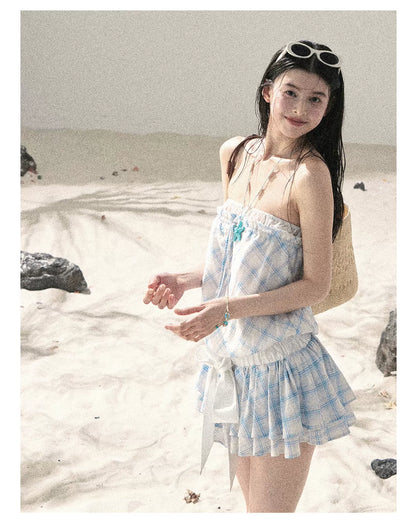 "Breeze Upon the Waves" Ice Crystal Blue Off-Shoulder Diamond Quilted Mini Dress