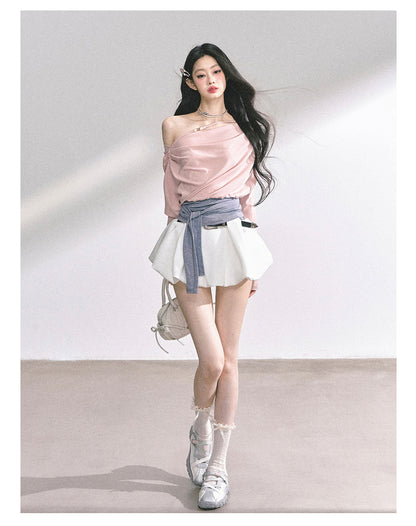 少也眼 "Soft & Sweet" Korean Asymmetric Off-Shoulder Cropped Spicy Girl Tee