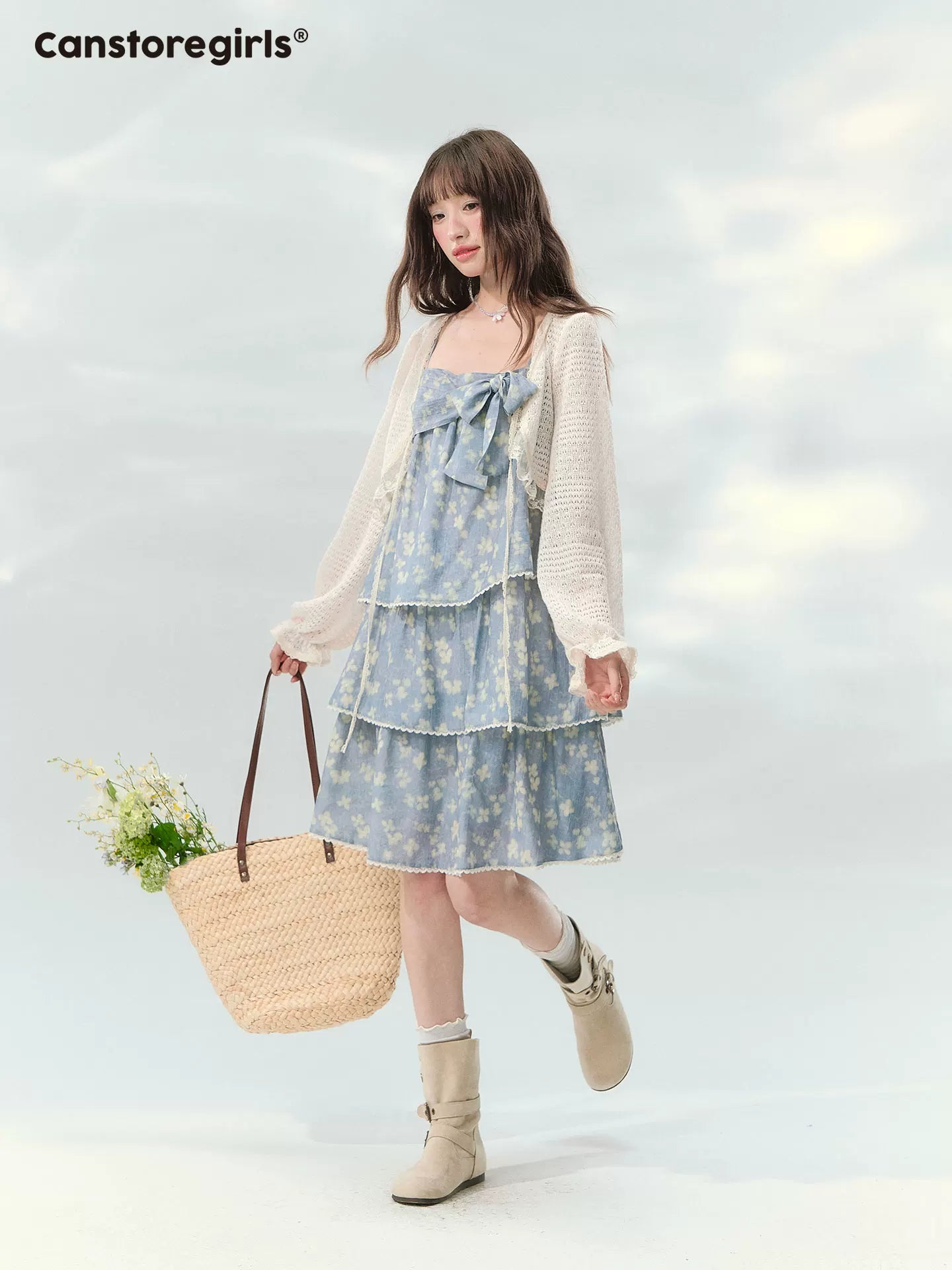 “Blue Mist Petals” Dusty Blue Floral Tiered Mini Dress LL2026120