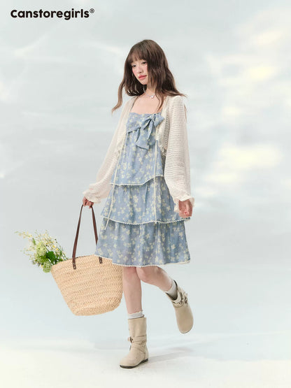 “Blue Mist Petals” Dusty Blue Floral Tiered Mini Dress LL2026120