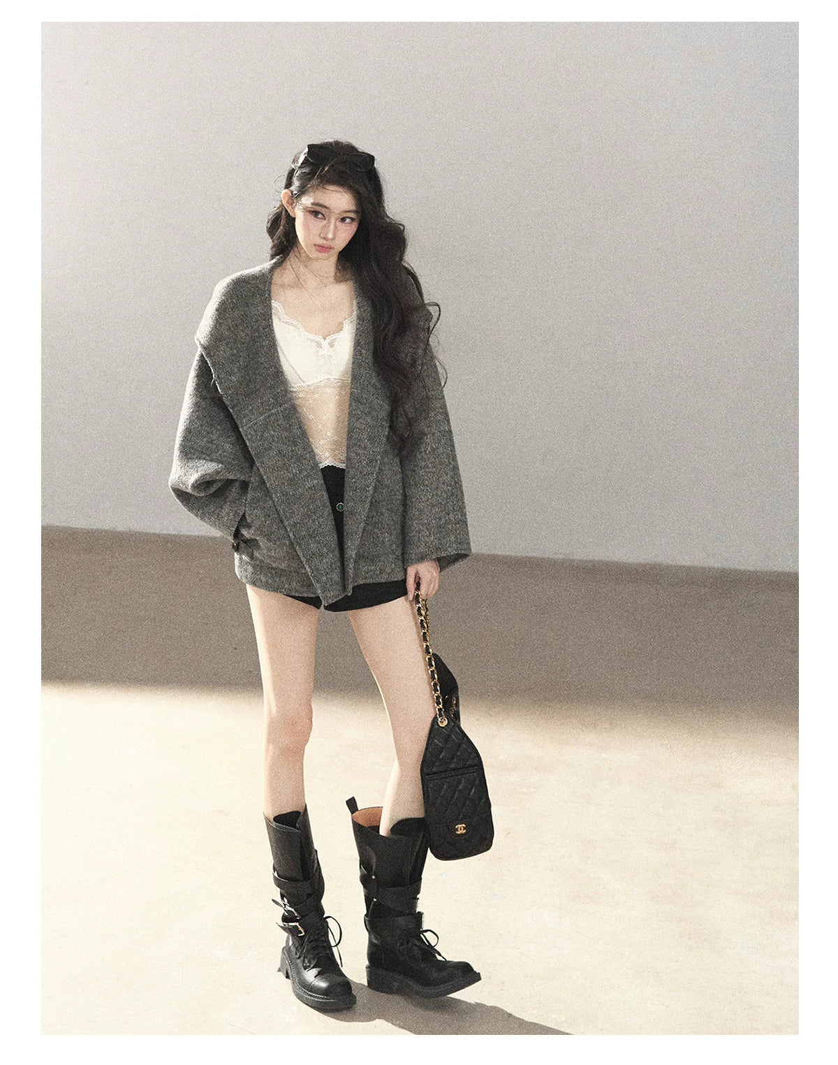 AOMALM - Dark Heather Gray Hooded Wool-Blend Jacket (With Inner Bra)