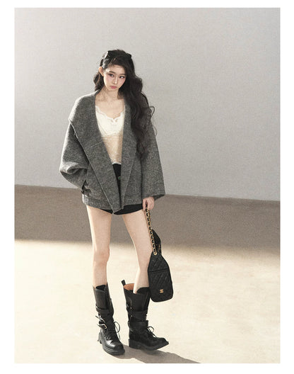 AOMALM - Dark Heather Gray Hooded Wool-Blend Jacket (With Inner Bra)