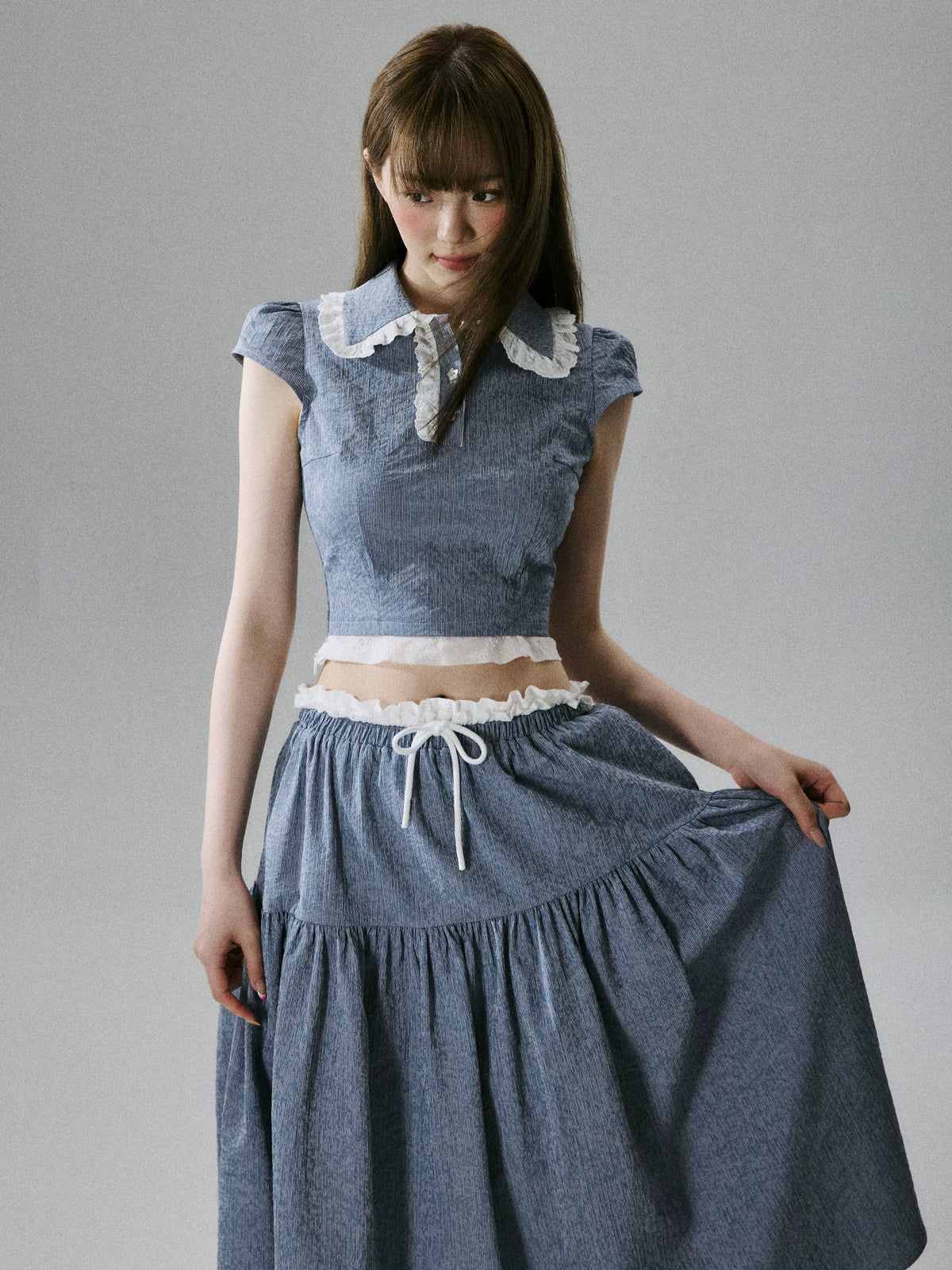 LOST FOREST - Denim Blue Fitted Top & Low-Waist Skirt Set