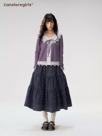 [CAN] “Rose in Bloom” Lavender Knit Cardigan & Floral Skirt 3-Piece Set
