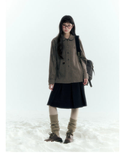 Horridale - Brown Khaki Plaid Embroidered Peter Pan Collar Shirt