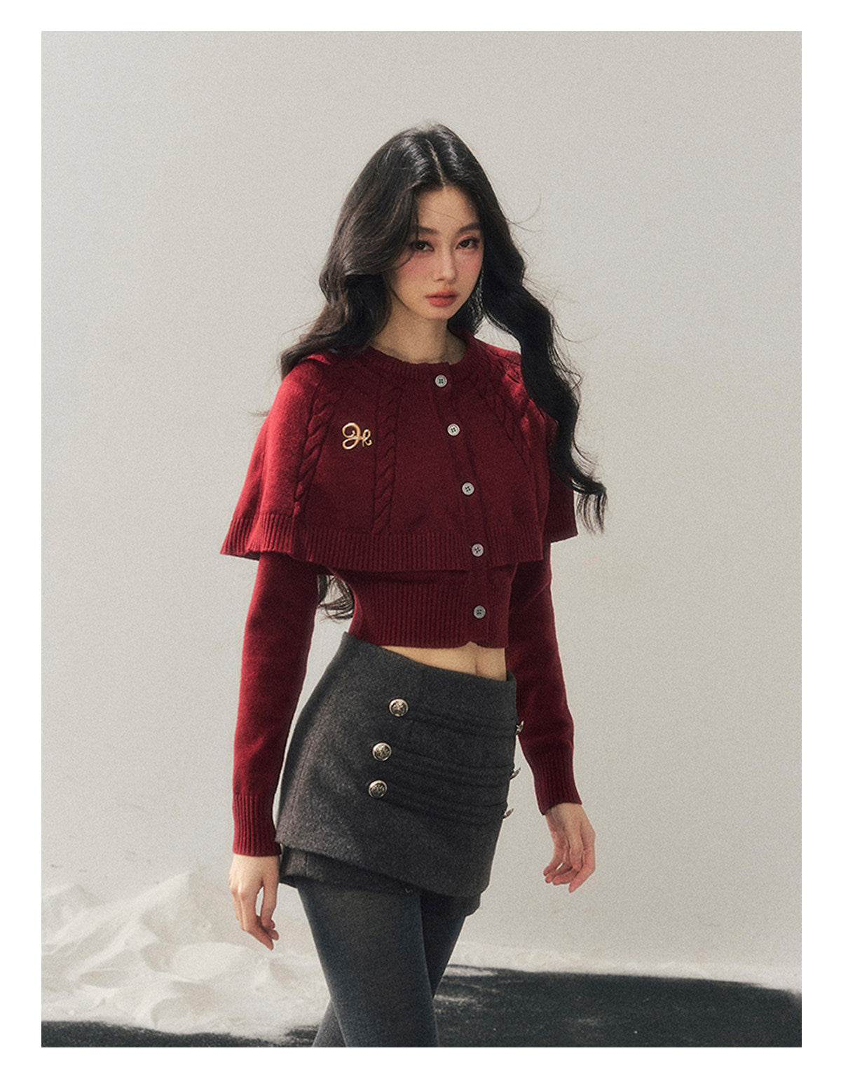 少也眼 "Miss Daisy" American Cable Knit Cape Sweater in Falu Red