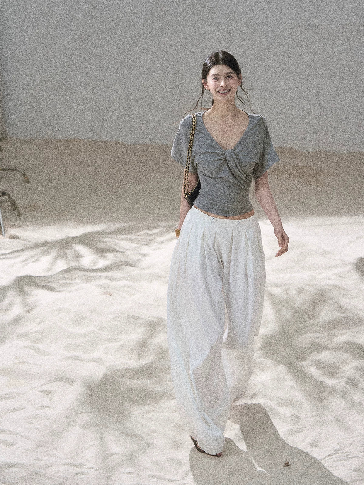 "Moonlight on Water" Twist-Front Cropped T-Shirt (Silver Mink Gray/ Mist Blue)
