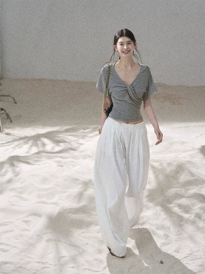 "Moonlight on Water" Twist-Front Cropped T-Shirt (Silver Mink Gray/ Mist Blue)