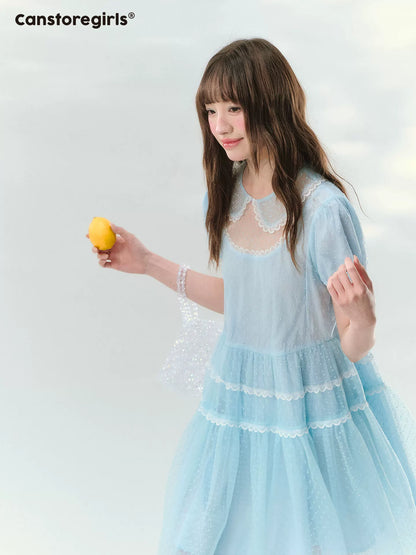 “Ice Blue Polka Dream” Blue Polka Dot Tiered Mini Dress