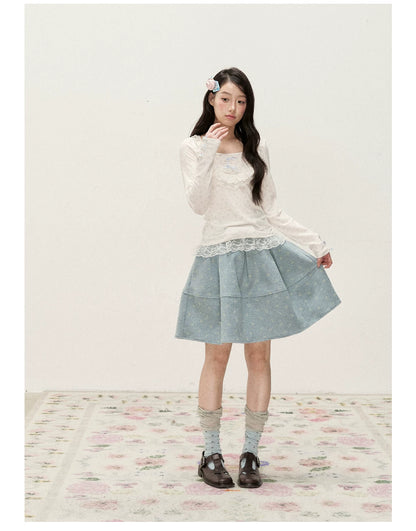 [RF] Cream Floral Peter Pan Collar Long-Sleeve Fitted Layering Top with Lace Details