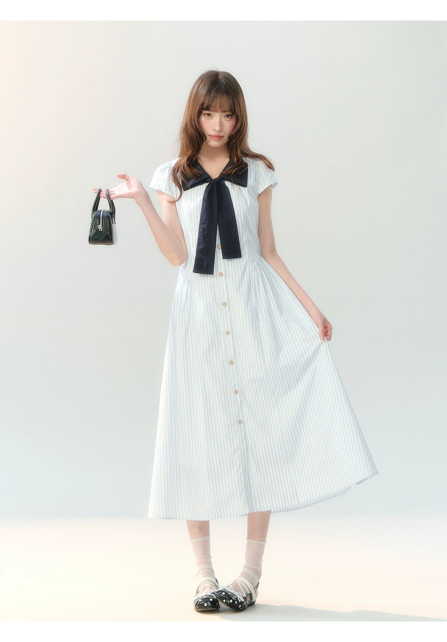 "Academy Breeze Letter" White Stripe Contrast Collar Dress