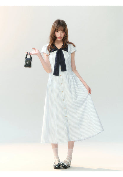 "Academy Breeze Letter" White Stripe Contrast Collar Dress