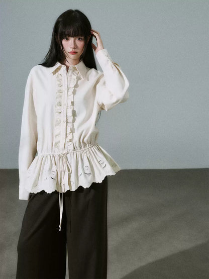 LOST FOREST - Natural Lyocell Cotton Laser-Embroidered Ruffle Shirt