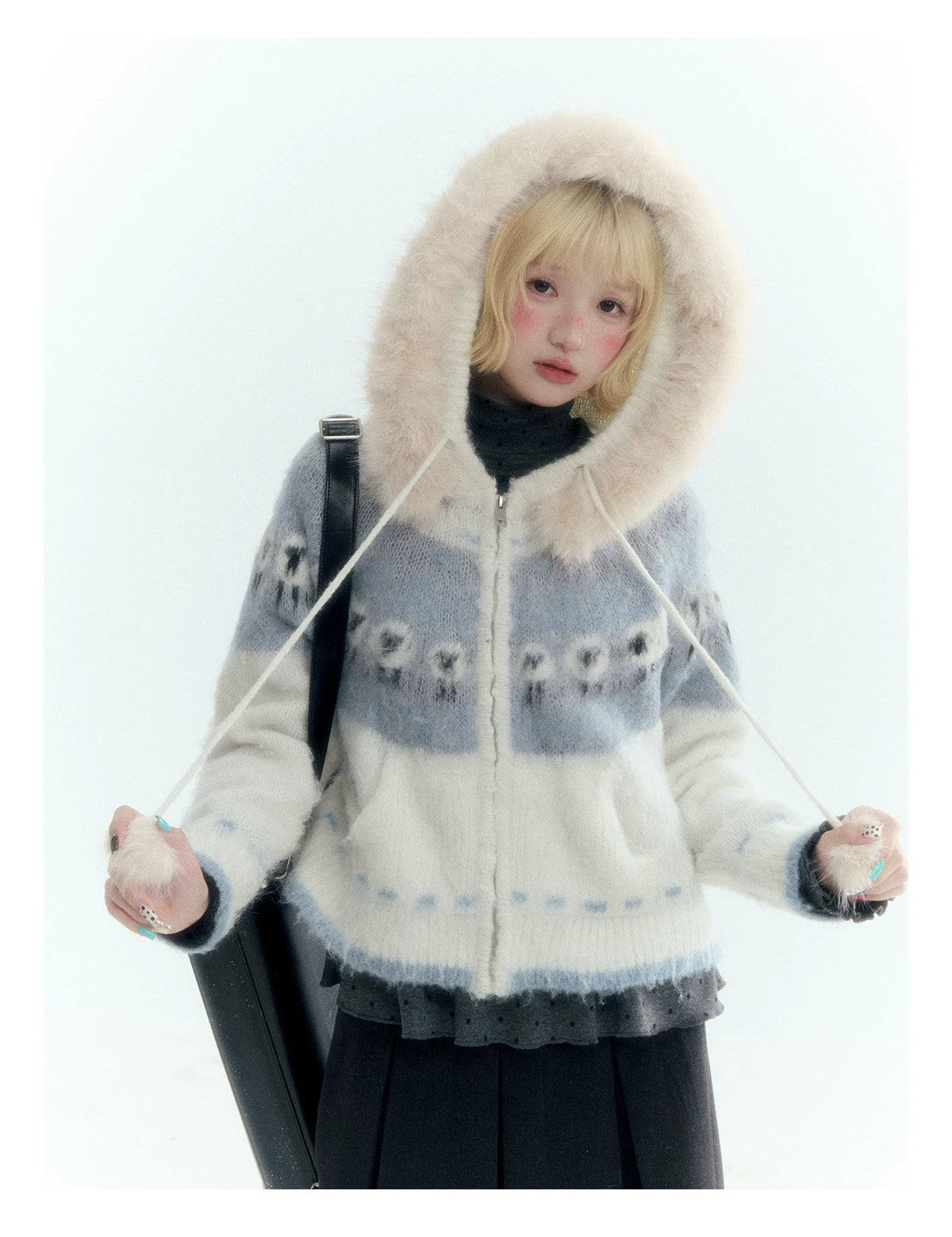 Horridale - Ice Blue White Sheep Jacquard Hooded Knit Cardigan